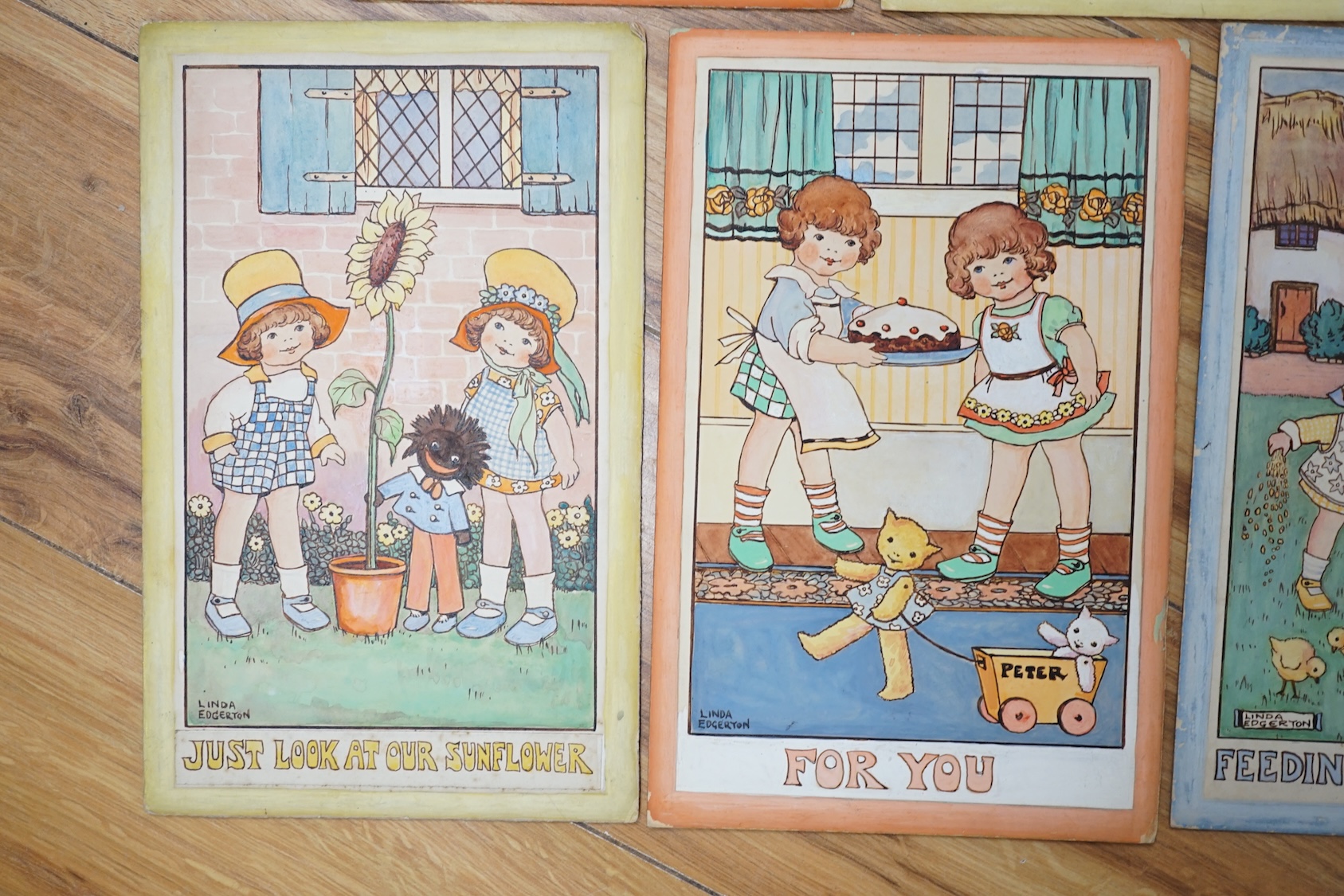 Linda Edgerton (1890-1983), set of five original watercolours for children's postcard designs, including 'Playtime', 'For You' and 'Feeding the Chickens', each signed, 27 x 17cm, unframed. Condition - fair